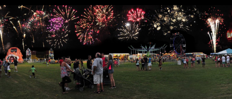 Fireworks display and groups of people watching